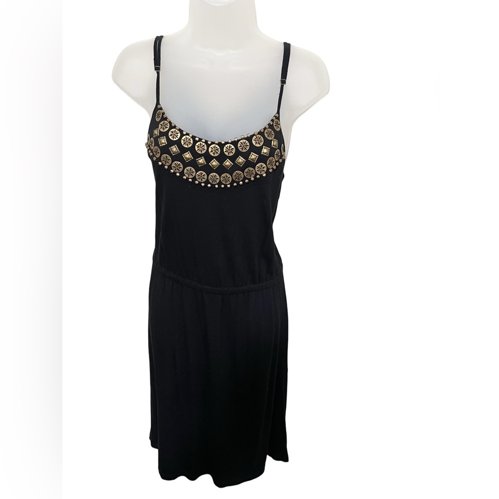 Earthbound M Gold Bead Elastic Waist Black Sleeveless Dress Strappy Back Women